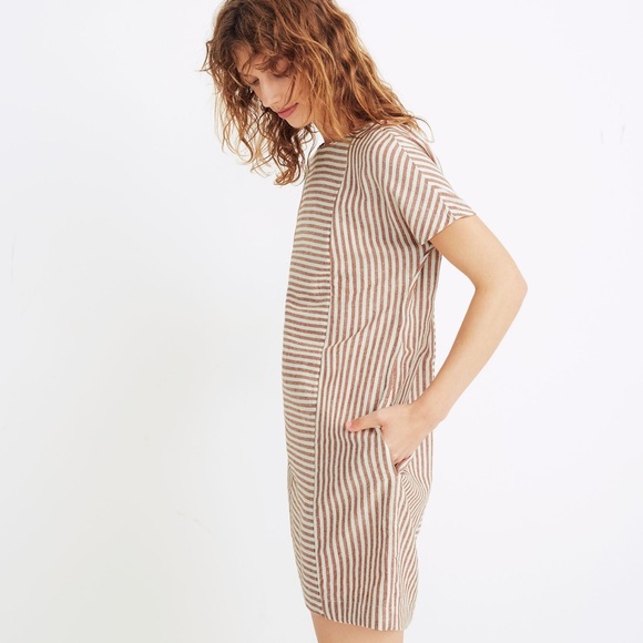 Madewell Linen Striped Play Button Back Short Sleeve Mini Tee Dress Warm Nutmeg - Picture 4 of 16